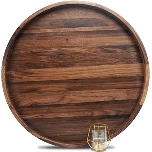 MAGIGO 24 Inches Extra Large Round Black Walnut Wood Ottoman Tray with Handles, Serve Tea, Coffee or Breakfast in Bed, Classic Circular Wooden Decorative Serving Tray - Image 1