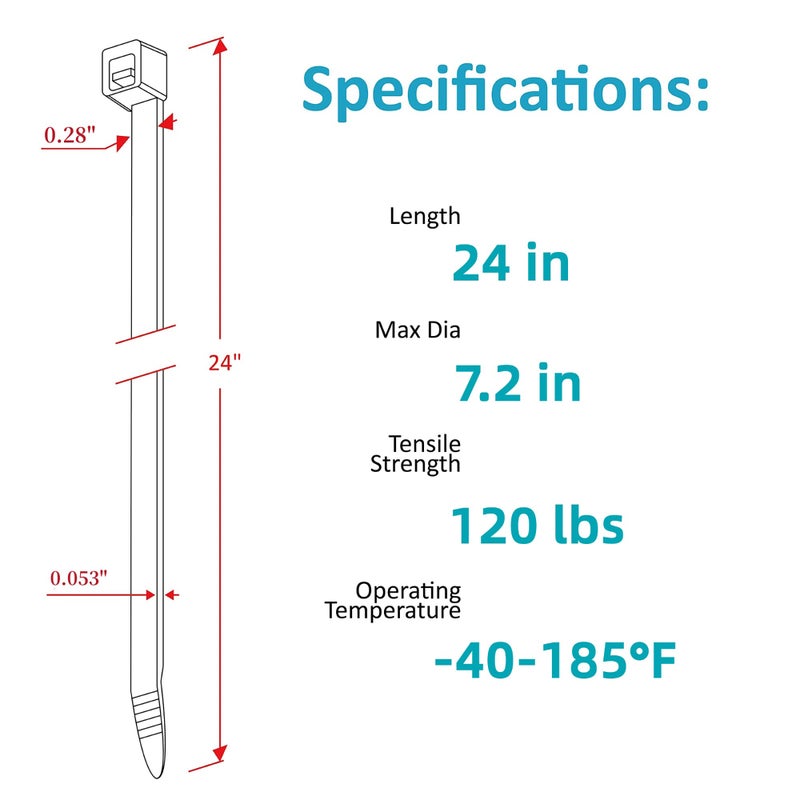 WLEAD 120lb Heavy Duty Zip Ties 24 inch,WLEAD 50PCS Cable Ties Strong Tensile Strength,Outdoor UV Resistant,Self-locking Industrial Durable Premium Cable Tie Assorted Size (Black,24 inch x 0.3 inch) - Image 2