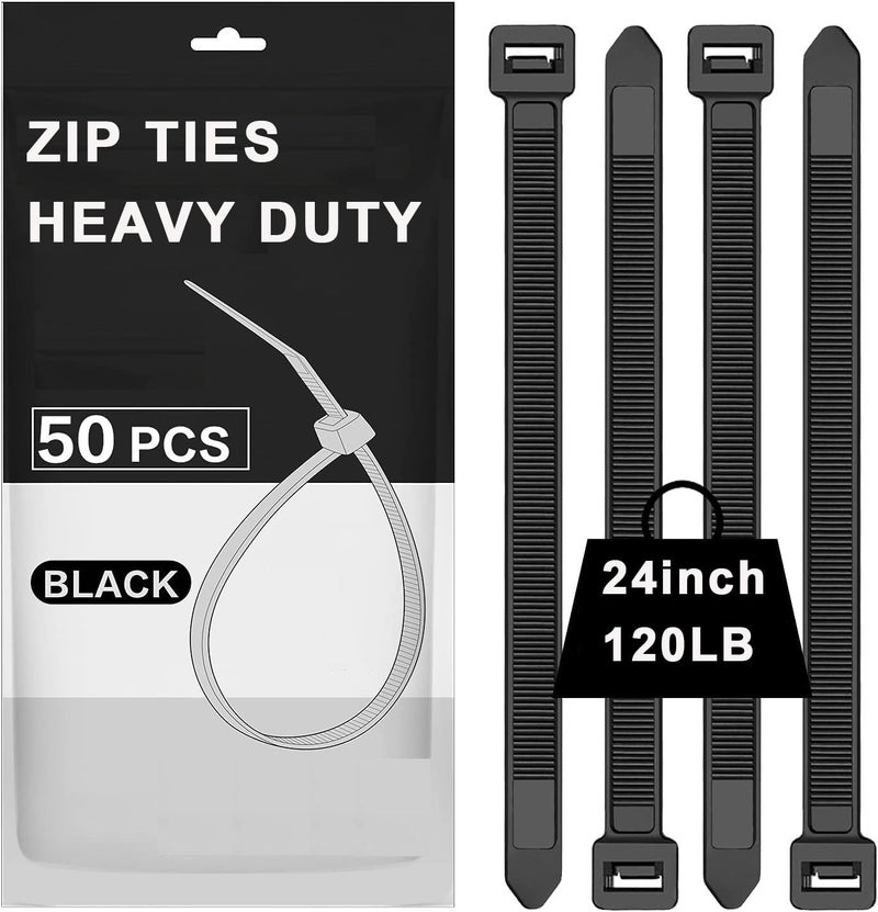 WLEAD 120lb Heavy Duty Zip Ties 24 inch,WLEAD 50PCS Cable Ties Strong Tensile Strength,Outdoor UV Resistant,Self-locking Industrial Durable Premium Cable Tie Assorted Size (Black,24 inch x 0.3 inch) - Image 1