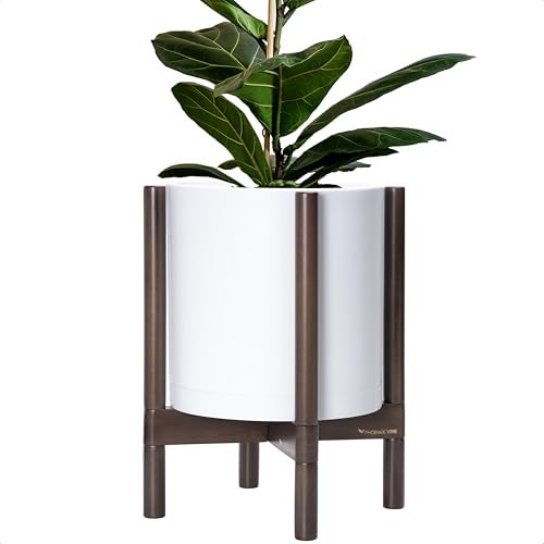 D'vine Dev Planter with Stand - 12 Inch Plastic Cylinder Flower Pot with Wood Holder for Indoor, Matte White Pot + Walnut Color Stand, 55-C-O-1 - Image 1