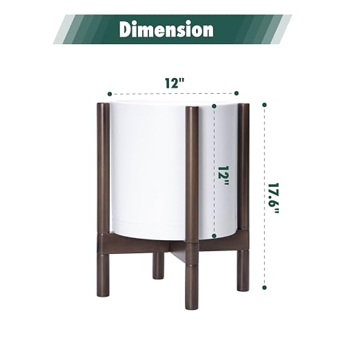 D'vine Dev Planter with Stand - 12 Inch Plastic Cylinder Flower Pot with Wood Holder for Indoor, Matte White Pot + Walnut Color Stand, 55-C-O-1 - Image 3