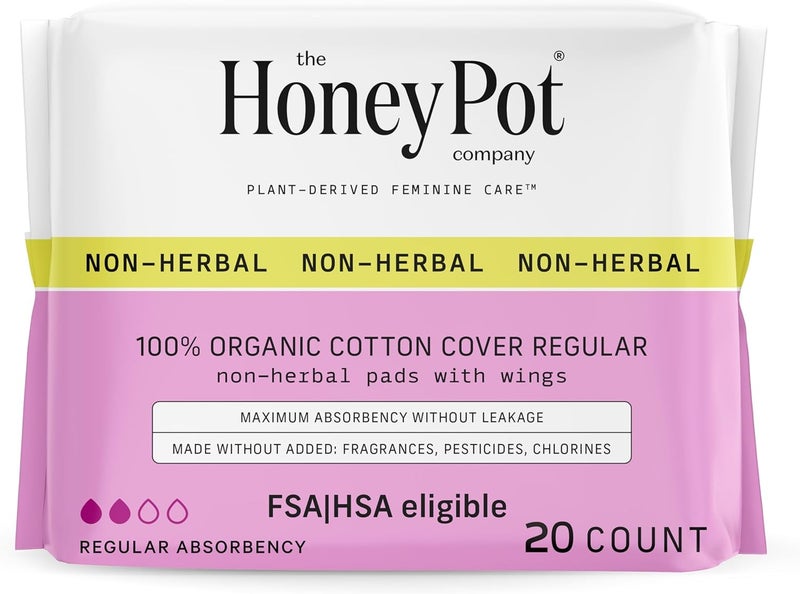 The Honey Pot Company - Sanitary Pads for Women - Non-Herbal Regular Flow w/Wings - Organic Cotton Cover & Ultra-Absorbent Pulp Core - Feminine Care - FSA & HSA Eligible - 20 ct