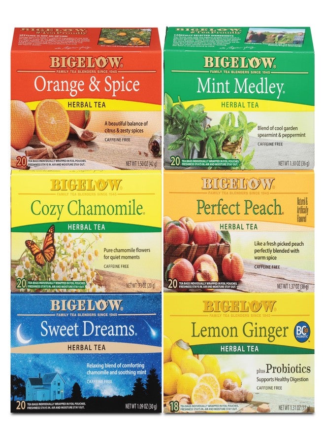 Bigelow Tea Caffeine Free 6 Flavor Herbal Tea Variety Pack, Decaf Tea with Mint Medley, Cozy Chamomile, Orange and Spice, Sweet Dreams, Perfect Peach, and Lemon Ginger, (Pack of 6), 118 Total Tea Bags - Image 1