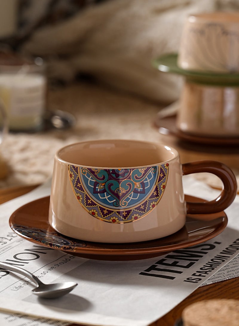 220ml Ethnic Retro Pattern Ceramic Coffee Cup & Saucer Set - Elegant Tea Mug for Coffee, Afternoon Tea - Home & Office Daily Beverage Tableware - Image 3