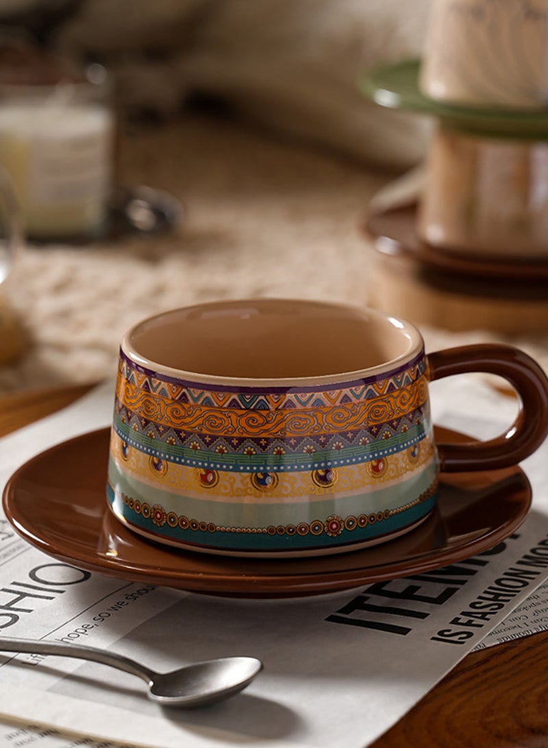 220ml Ethnic Retro Pattern Ceramic Coffee Cup & Saucer Set - Elegant Tea Mug for Coffee, Afternoon Tea - Home & Office Daily Beverage Tableware - Image 4
