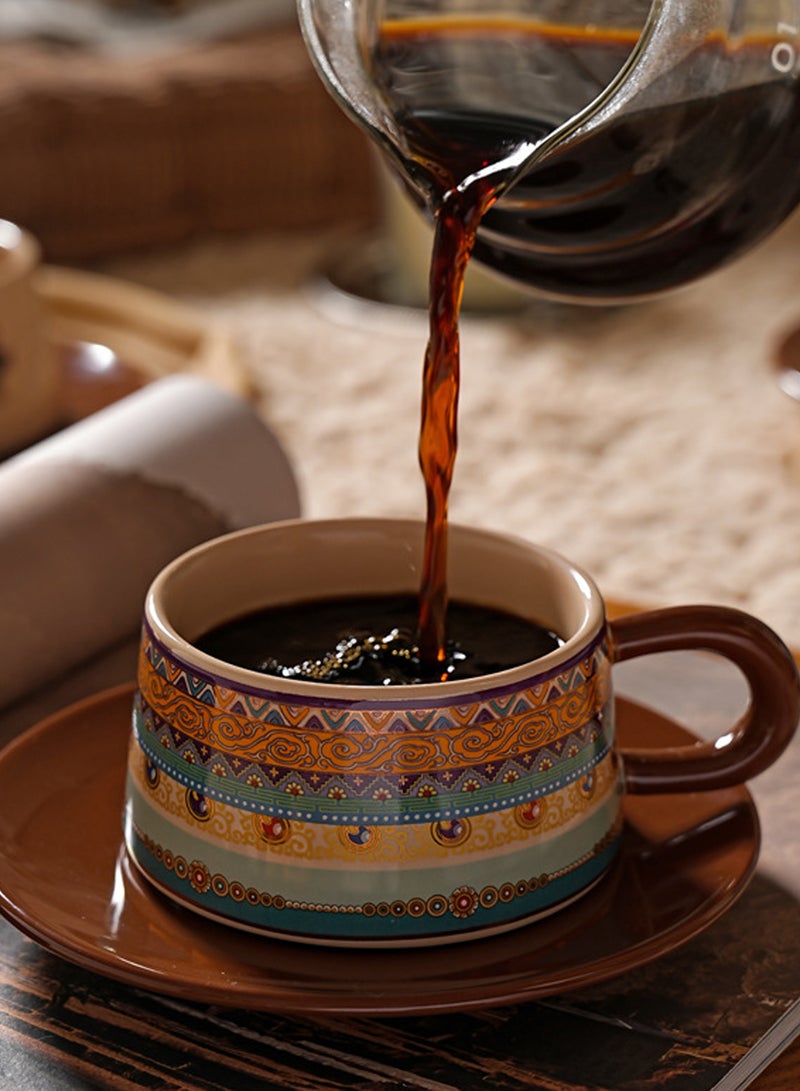 220ml Ethnic Retro Pattern Ceramic Coffee Cup & Saucer Set - Elegant Tea Mug for Coffee, Afternoon Tea - Home & Office Daily Beverage Tableware - Image 5