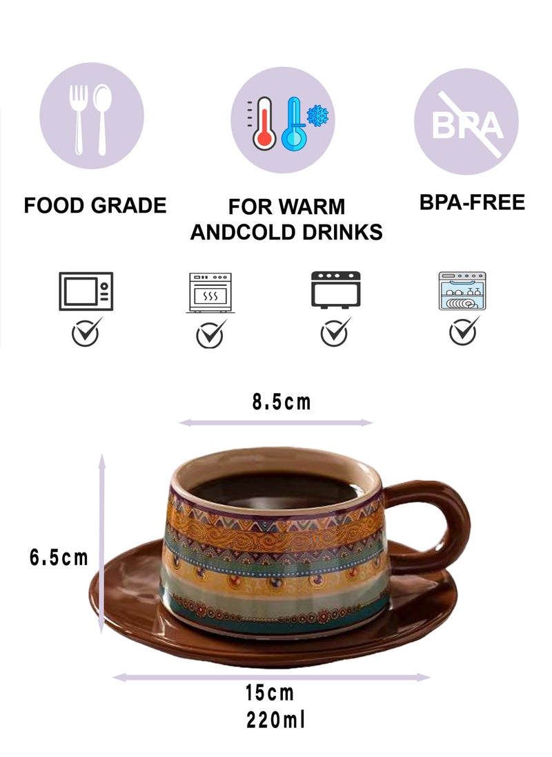 220ml Ethnic Retro Pattern Ceramic Coffee Cup & Saucer Set - Elegant Tea Mug for Coffee, Afternoon Tea - Home & Office Daily Beverage Tableware - Image 2