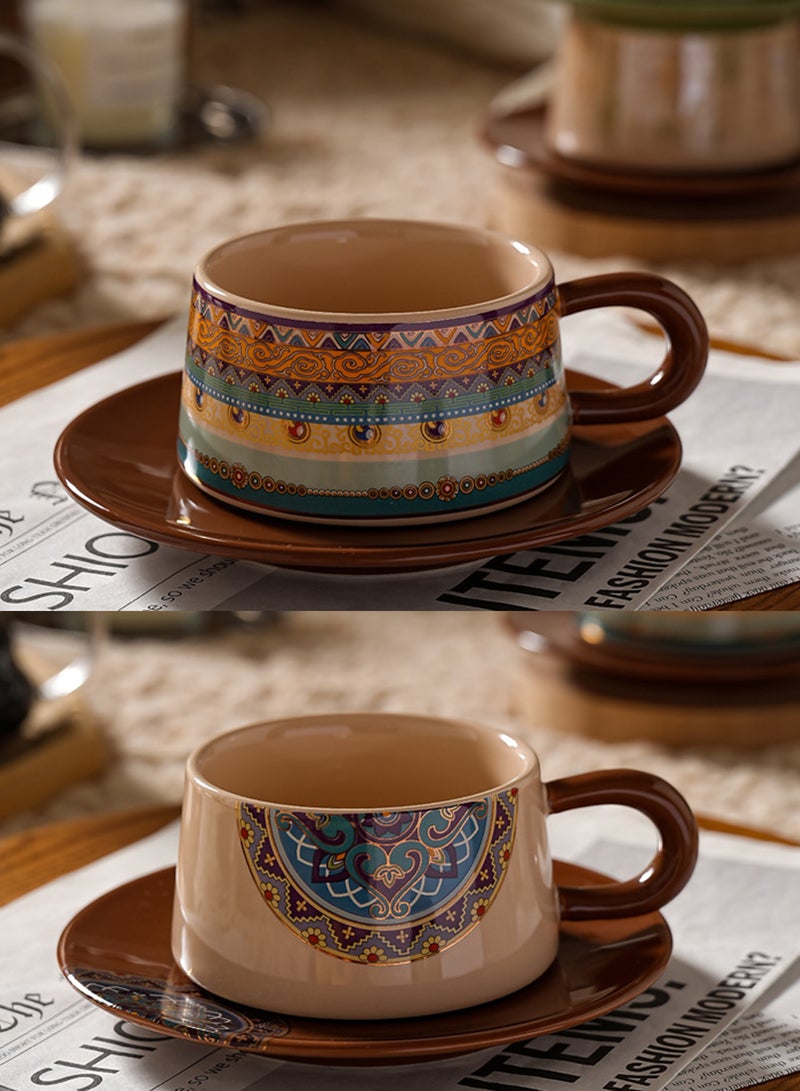 220ml Ethnic Retro Pattern Ceramic Coffee Cup & Saucer Set - Elegant Tea Mug for Coffee, Afternoon Tea - Home & Office Daily Beverage Tableware - Image 1