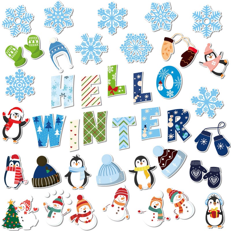 Marspark Marspark 68 Pieces Winter Classroom Bulletin Border Decoration Penguin Cutouts Snowflake Snowman Gloves Hat Hello for Christmas Home Decor Snowman