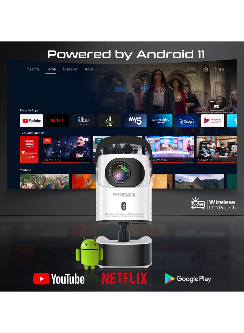 بروميت جهاز عرض بروجيكتور DLP 4K Ultra HD بتقنية LCD، سطوع 250 ANSI، حامل تلسكوبي قابل لتعديل الارتفاع، تصحيح الانحراف التلقائي، مكبر صوت مدمج، Android 11، اتصال Wi-Fi وBluetooth، منفذ HDMI