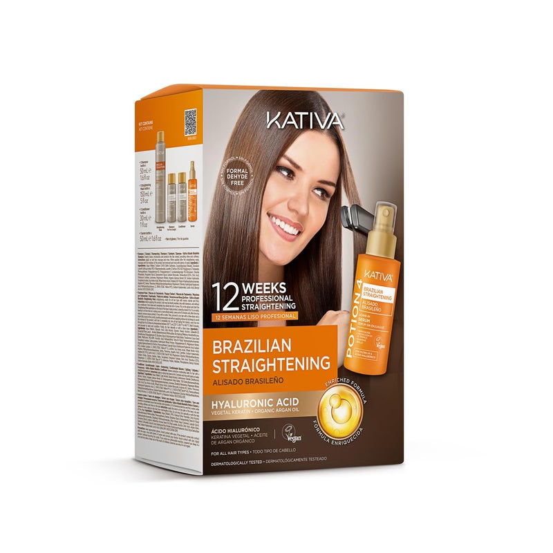 Kativa Brazilian Keratin Straightening Treatment with Hyaluronic Acid and Premium Serum 12 Weeks FormaldehydeFree Smoothing Treatment All Hair Types