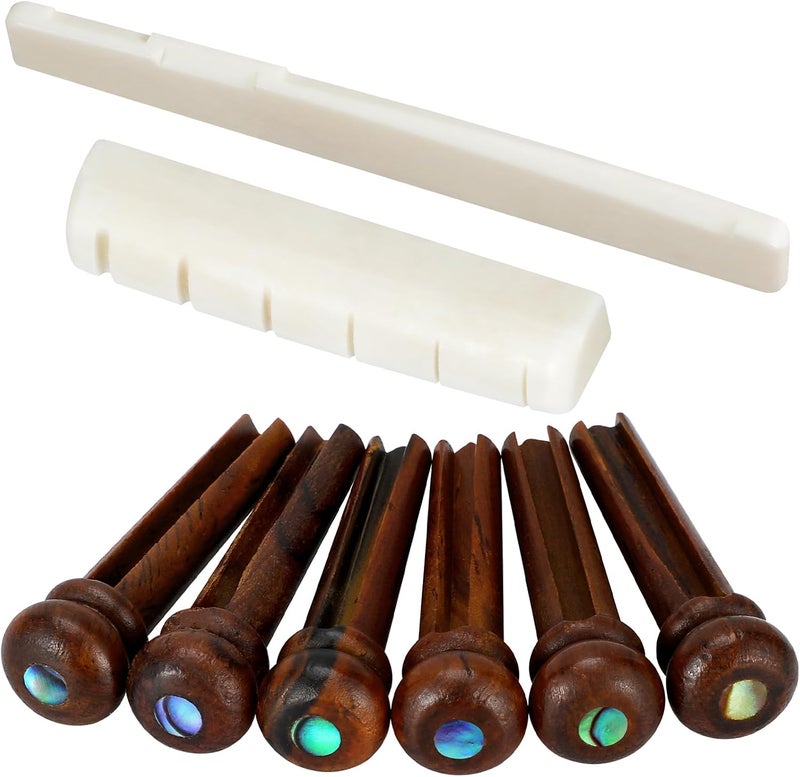 Blisstime 6 String Acoustic Guitar Bone Bridge Saddle and Nut and 6pcs Rosewood Guitar Bridge Pins - Image 1