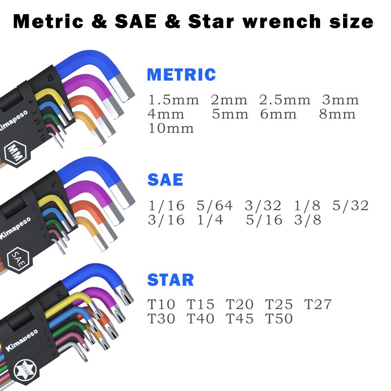 Kimapeso 27 PCS Allen Key Set Torx SAE Metric Allen Wrenches Set Long Arm Ball End Hex Key Wrench Sets with T-Handle L-Hex Key Set Metric 1.5 to 10mm SAE 1/16 to 3/8â€³ Torx T10 to T50 - Image 2