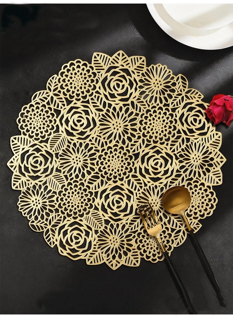 DB Innov. Placemats, 4 PCS Golden Round Rose Type Placemats, Hollow Washable PVC Placemats, Non-Slip Stain Heat Resistant Place Mats for Dining Table, Diameter 15x15 Inch. - Image 1