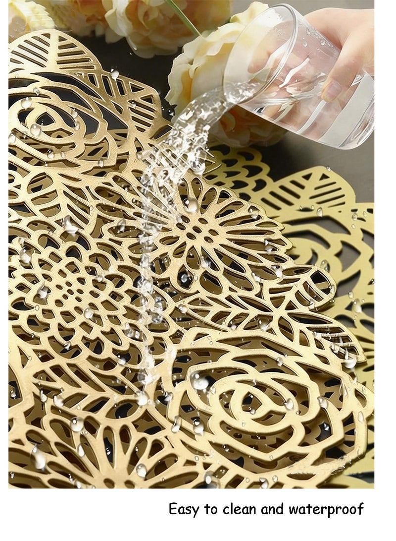 DB Innov. Placemats, 4 PCS Golden Round Rose Type Placemats, Hollow Washable PVC Placemats, Non-Slip Stain Heat Resistant Place Mats for Dining Table, Diameter 15x15 Inch. - Image 3