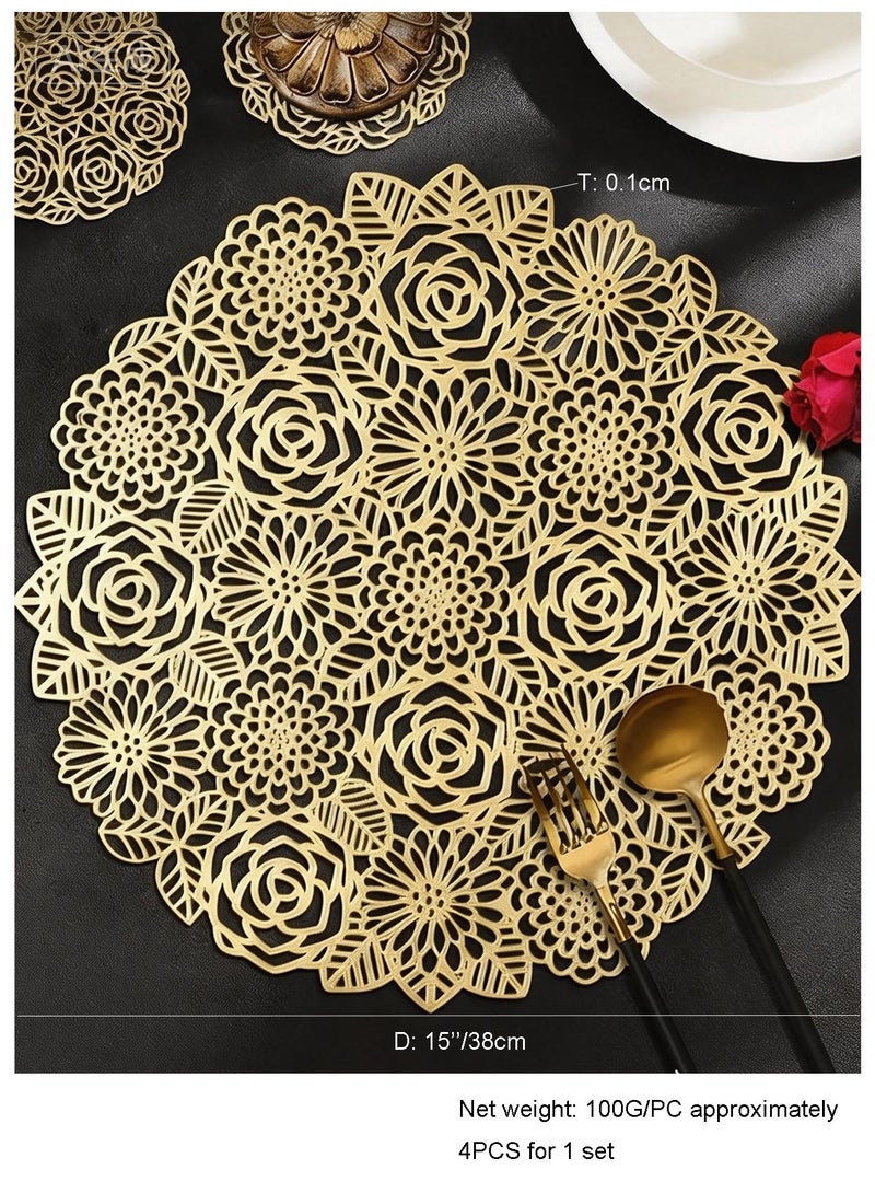 DB Innov. Placemats, 4 PCS Golden Round Rose Type Placemats, Hollow Washable PVC Placemats, Non-Slip Stain Heat Resistant Place Mats for Dining Table, Diameter 15x15 Inch. - Image 2