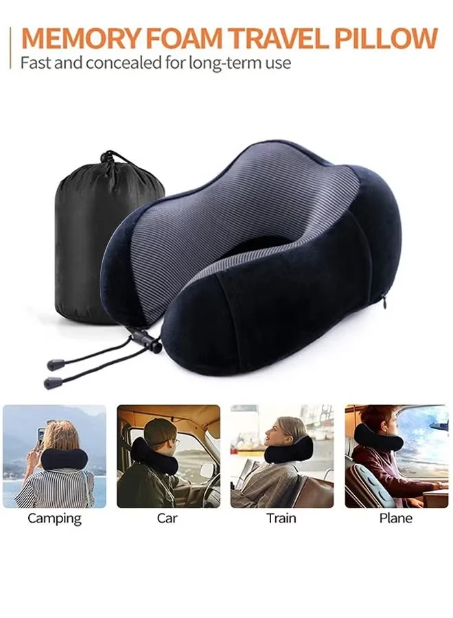 Sharpdo Travel Pillow Set Memory Foam U-Neck Pillow Travel Accessories Airplane Travel Kit with 3D Contoured Eye Mask, Earplugs and Storage Bag