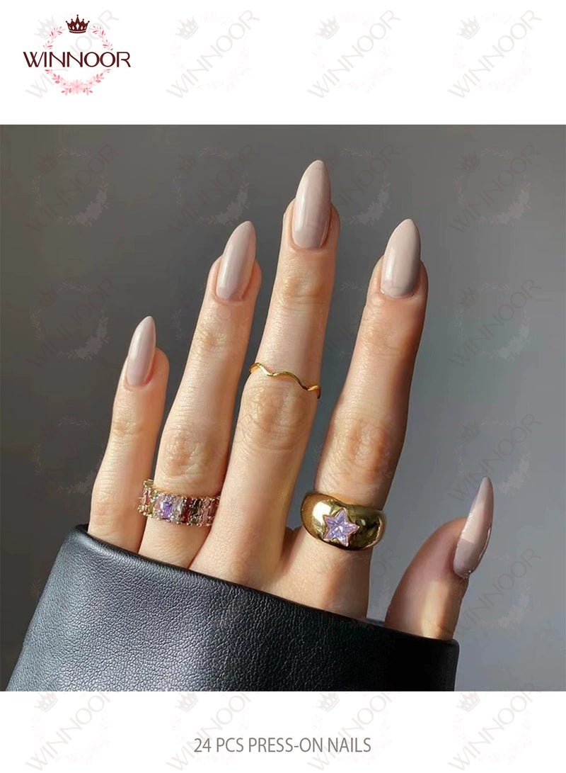 WINNOOR 24Pcs Solid Color Press-on Nails, Taupe Glossy Artificial Nails, Almond Shape False Nails - Image 1