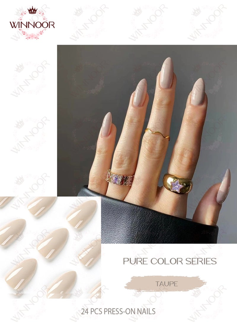 WINNOOR 24Pcs Solid Color Press-on Nails, Taupe Glossy Artificial Nails, Almond Shape False Nails - Image 2