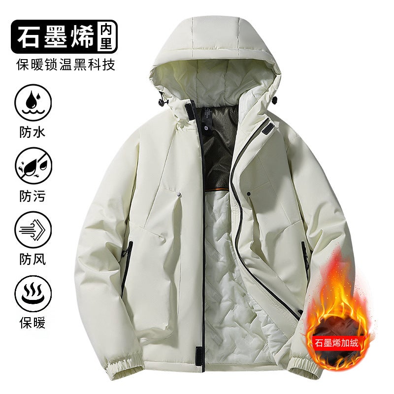 Autumn and Winter New Graphene Jacket fleece-lined Thickened Warm Cotton-padded Mens Windproof Waterproof Loose Jacket for Men Black  - Image 2