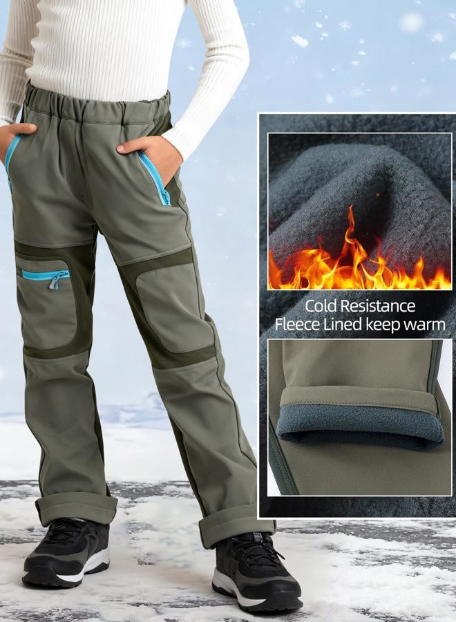 Arssm Kids Boy's Snow Pants Youth Fleece Lind Hiking Pants Softshell Winter Warm Insulated Trousers, Army, 8-9 Years - Image 4