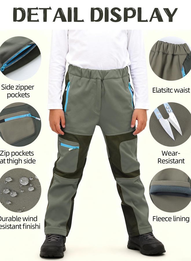 Arssm Kids Boy's Snow Pants Youth Fleece Lind Hiking Pants Softshell Winter Warm Insulated Trousers, Army, 8-9 Years - Image 2