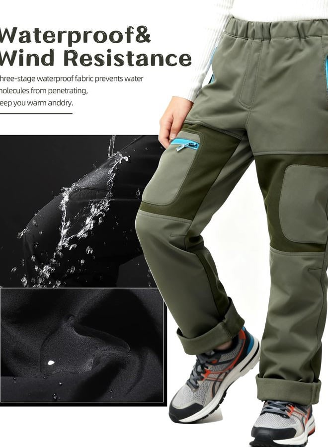 Arssm Kids Boy's Snow Pants Youth Fleece Lind Hiking Pants Softshell Winter Warm Insulated Trousers, Army, 8-9 Years - Image 3