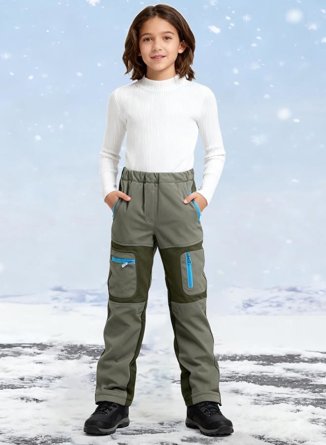 Arssm Kids Boy's Snow Pants Youth Fleece Lind Hiking Pants Softshell Winter Warm Insulated Trousers, Army, 8-9 Years - Image 5