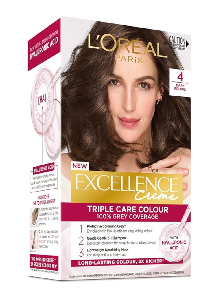 L'OREAL PARIS Excellence Creme Triple Care Color, 4 Brown (Packaging may vary Arabic/English Packaging)