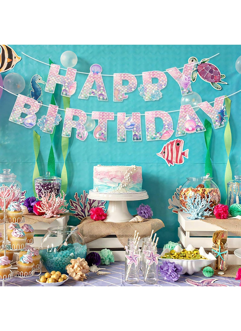 Ticuenicoa Ticuenicoa Mermaid Happy Birthday Banner Under The Sea Pink Blue Mermaid Themed Birthday Party Decorations for Girls Kids Princess Birthday Party and Home Decor Supplies  - Image 3