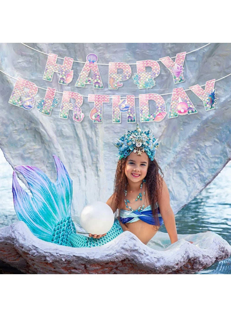 Ticuenicoa Ticuenicoa Mermaid Happy Birthday Banner Under The Sea Pink Blue Mermaid Themed Birthday Party Decorations for Girls Kids Princess Birthday Party and Home Decor Supplies  - Image 4