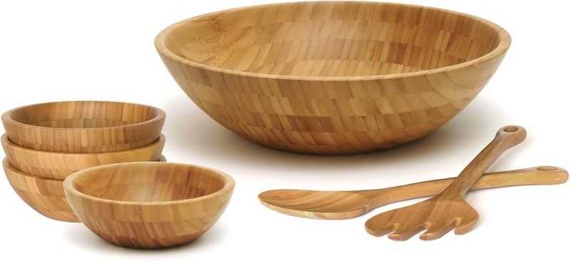 Lipper International Bamboo Wood Salad Bowls Set with Server Utensils - 7-Piece Assorted Sizes - Image 1