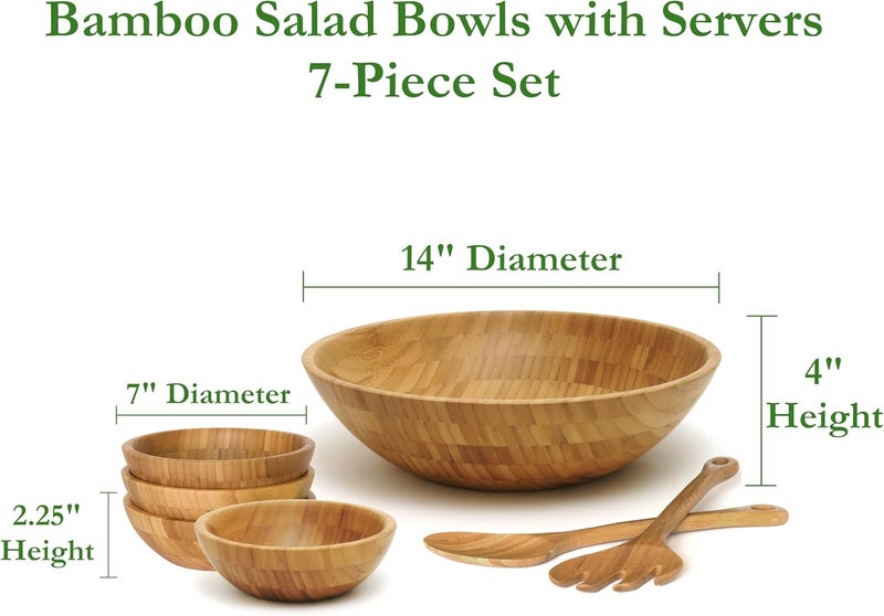 Lipper International Bamboo Wood Salad Bowls Set with Server Utensils - 7-Piece Assorted Sizes - Image 2