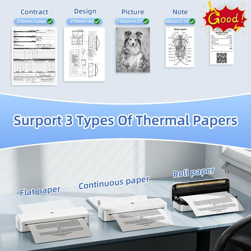 Upgraded Portable Printer, Inkless Thermal Printer Wireless, Support Multi-Size Thermal Paper, Compatible with iOS, Android and PC, Inkless Printer for Travel, Office, School 300dpi - Image 5