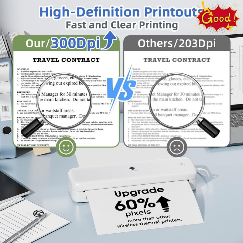 Upgraded Portable Printer, Inkless Thermal Printer Wireless, Support Multi-Size Thermal Paper, Compatible with iOS, Android and PC, Inkless Printer for Travel, Office, School 300dpi - Image 3