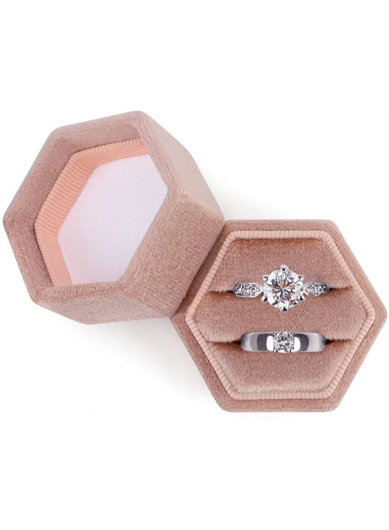 Hexagon Velvet Ring Bearer Box,  Premium Gorgeous Vintage Double Ring Display Holder with Detachable Lid for Proposal, Engagement, Wedding, Ceremony - Image 1