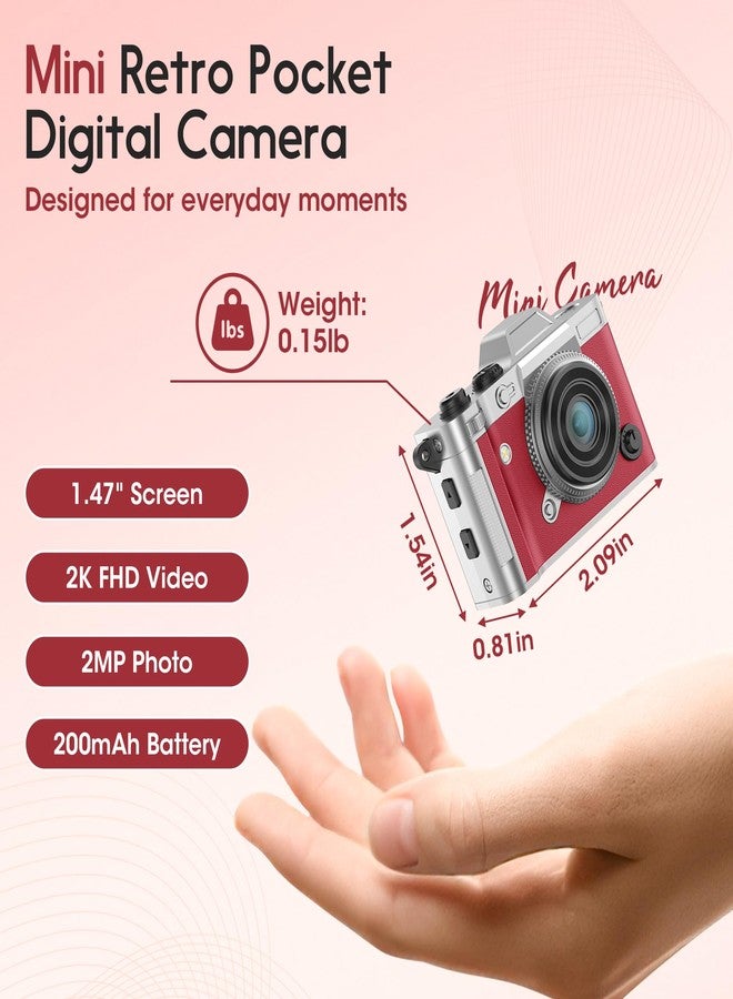 Dienspeak Retro Keychain Camera, 2K HD Mini Digital Pocket Camera with 16GB Card, Small Portable Vintage Camcorder for Kids Adults, Wearable Tiny Video Recorder for Travel Camp and Party, Red - Image 2