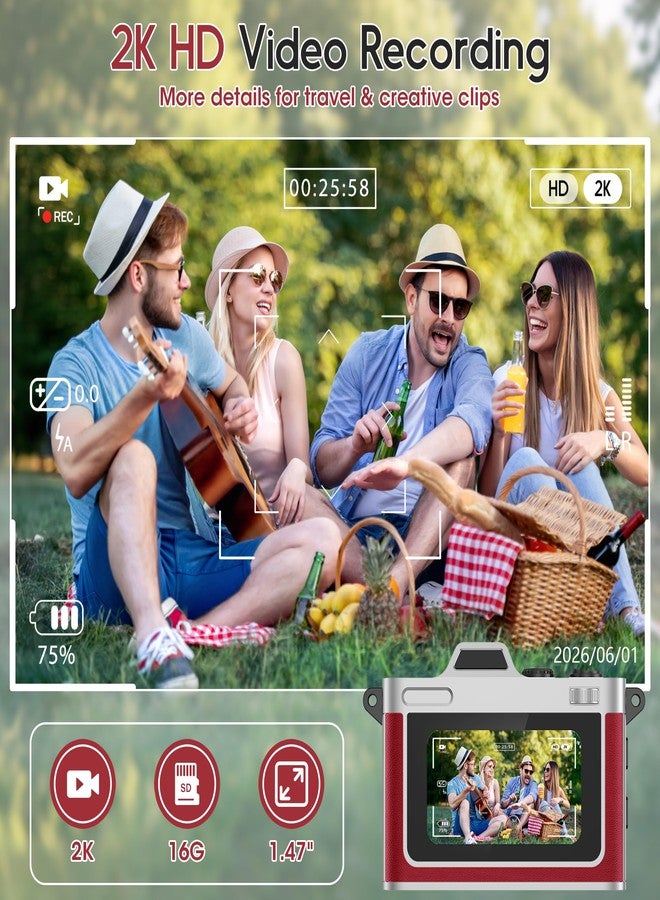 Dienspeak Retro Keychain Camera, 2K HD Mini Digital Pocket Camera with 16GB Card, Small Portable Vintage Camcorder for Kids Adults, Wearable Tiny Video Recorder for Travel Camp and Party, Red - Image 4