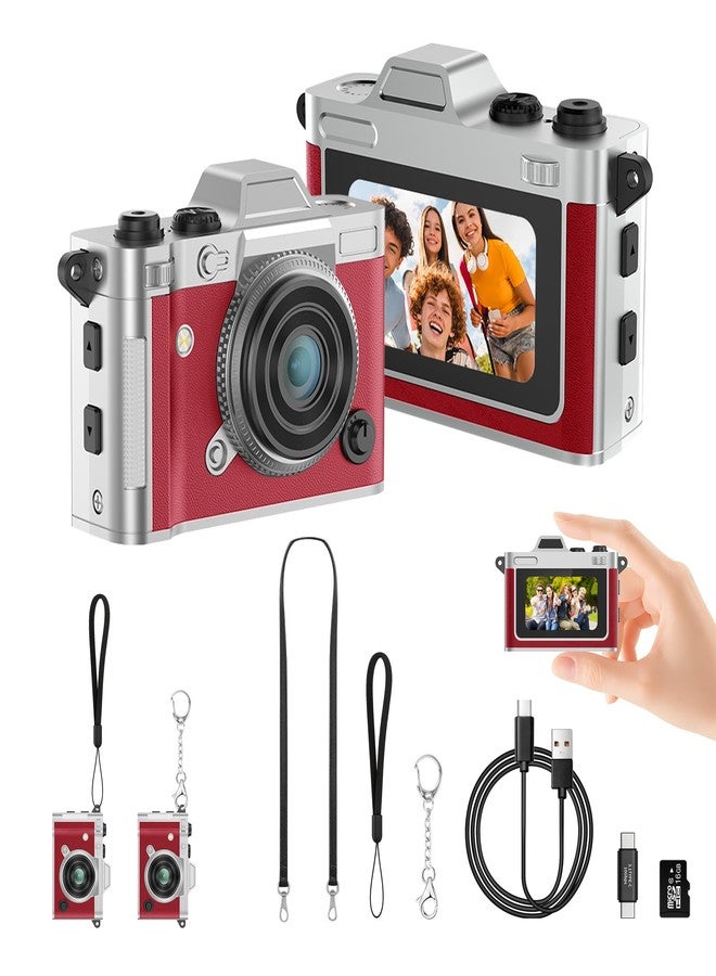 Dienspeak Retro Keychain Camera, 2K HD Mini Digital Pocket Camera with 16GB Card, Small Portable Vintage Camcorder for Kids Adults, Wearable Tiny Video Recorder for Travel Camp and Party, Red - Image 1