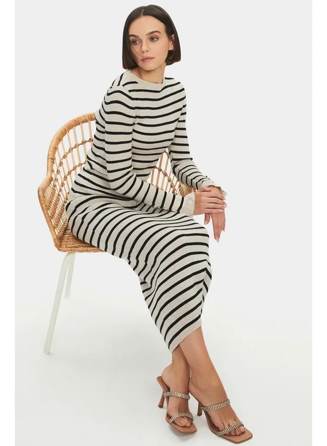 JUNE June Women Striped Knitwear Sweater Skirt Set with Button Detail on Sleeves Beige