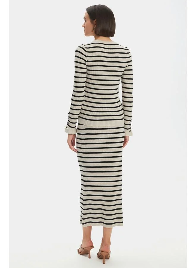 JUNE June Women Striped Knitwear Sweater Skirt Set with Button Detail on Sleeves Beige