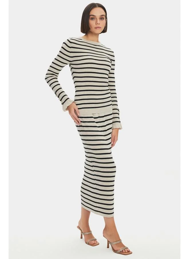 JUNE June Women Striped Knitwear Sweater Skirt Set with Button Detail on Sleeves Beige