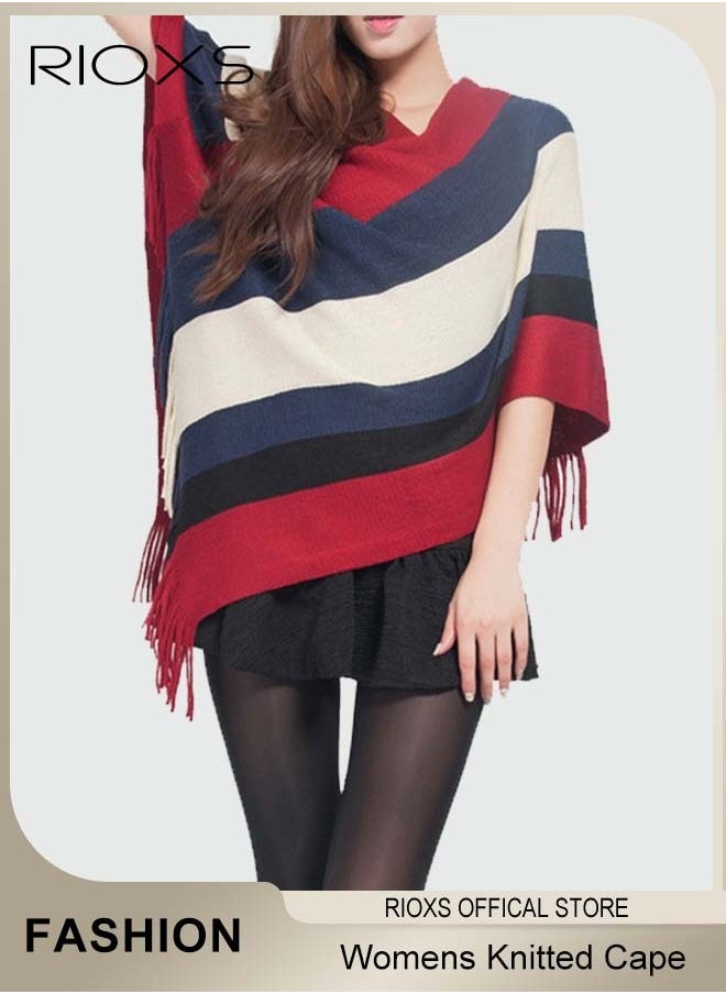 RIOXS Womens Batwing Sleeve Striped Knitted Pullover Jacket Cape Sweater Coat Large Size Plus Size  - Image 4