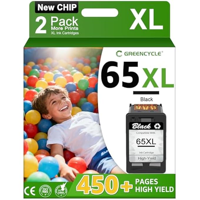 RE-MANUFACTURED 65XL 65BXL INK CARTRIDGE REPLACEMENT FOR HP ENVY 5058 5055 5052 DESKJET 2622 2624 2652 2655 3752 3755 3758 3720 3721 3730 PRINTERS, WITH NEW VERSION CHIP (BLACK,2 PACK) - Image 1