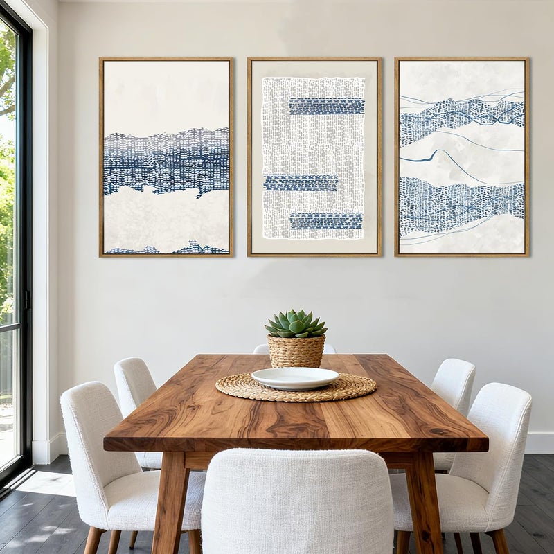 IARTTOP Large Blue Abstract Canvas Wall Art Framed 24x36 Inch Neutral Minimalist Modern Wall Art Mid Century Boho Artwork for Living Room Bedroom Office Set of 3 - Image 2