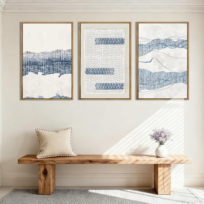 IARTTOP Large Blue Abstract Canvas Wall Art Framed 24x36 Inch Neutral Minimalist Modern Wall Art Mid Century Boho Artwork for Living Room Bedroom Office Set of 3 - Image 3
