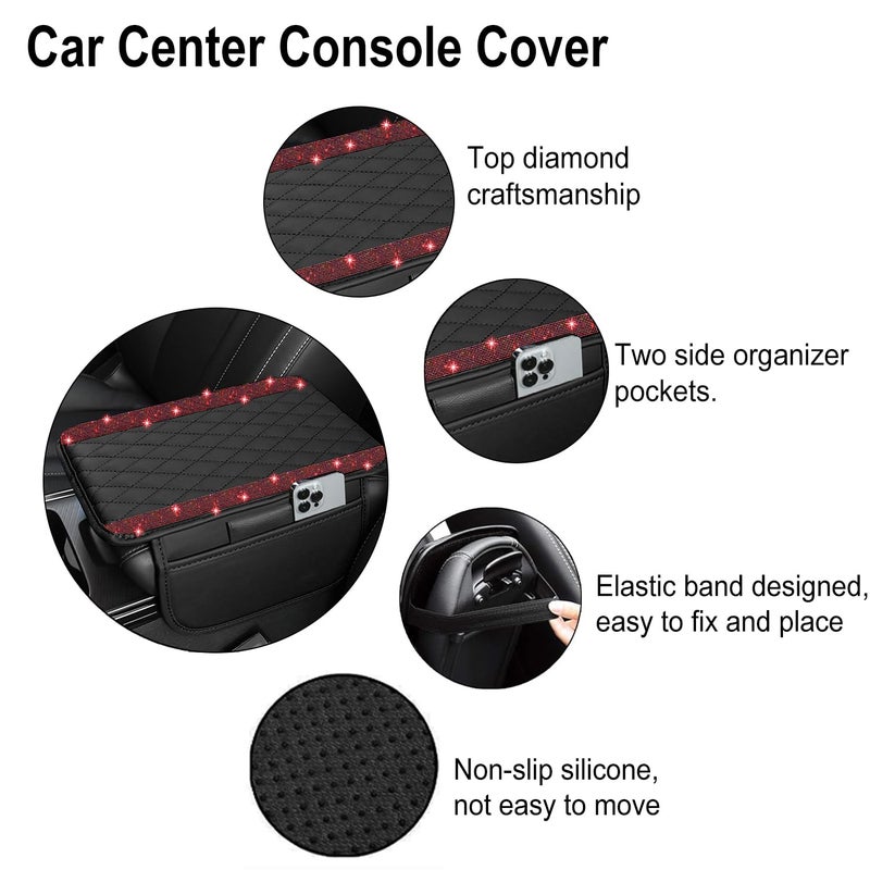 NBTEPEM Bling Car Center Console Cover, Leather Car Arm Rest Cover Cushion with 2 Storage Bags, Universal Automotive Armrest Protector Storage Box, Bling Accessories Interior for Most Vehicles (Red) - Image 3