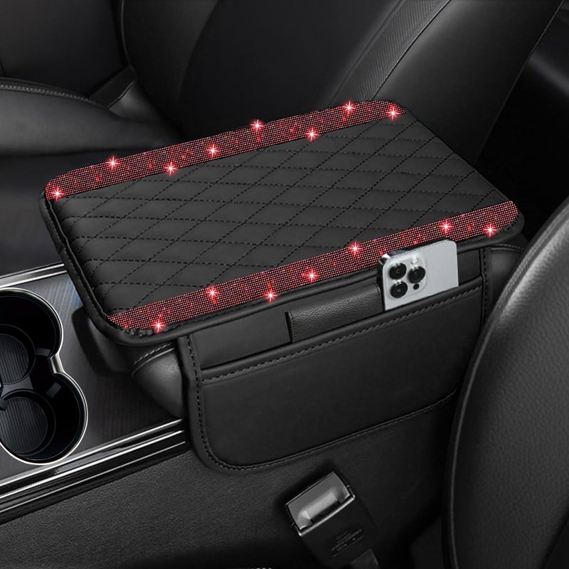 NBTEPEM Bling Car Center Console Cover, Leather Car Arm Rest Cover Cushion with 2 Storage Bags, Universal Automotive Armrest Protector Storage Box, Bling Accessories Interior for Most Vehicles (Red) - Image 1