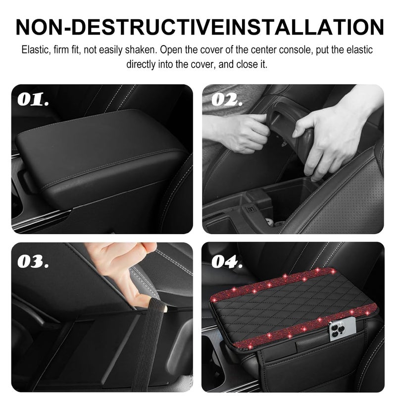 NBTEPEM Bling Car Center Console Cover, Leather Car Arm Rest Cover Cushion with 2 Storage Bags, Universal Automotive Armrest Protector Storage Box, Bling Accessories Interior for Most Vehicles (Red) - Image 5