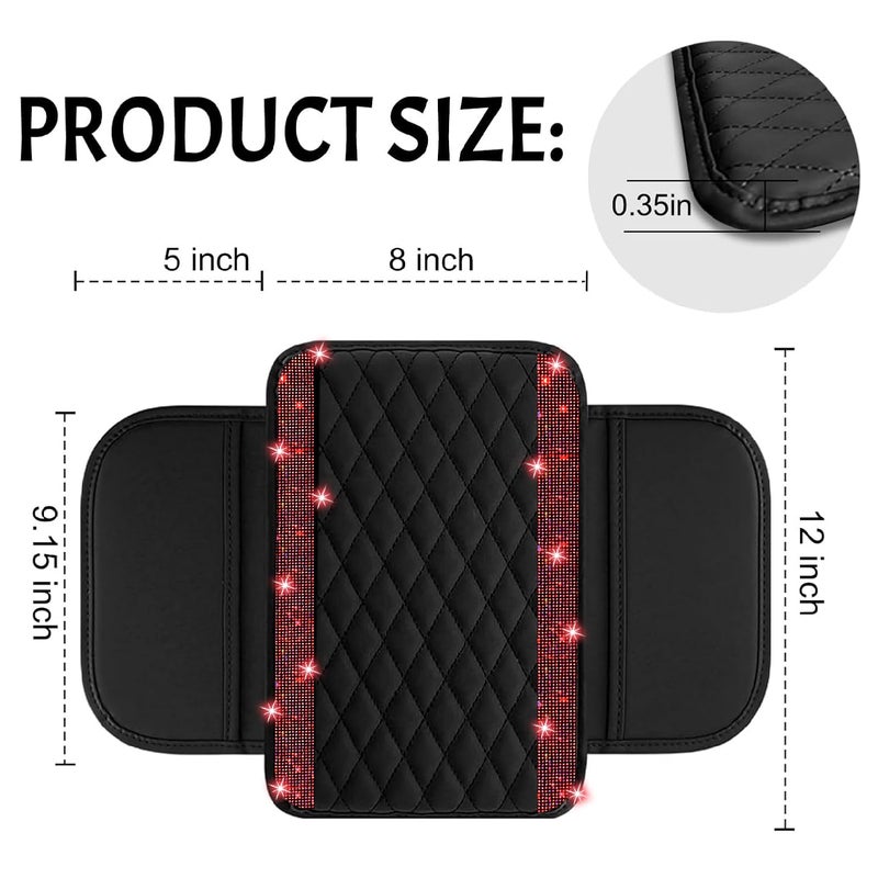 NBTEPEM Bling Car Center Console Cover, Leather Car Arm Rest Cover Cushion with 2 Storage Bags, Universal Automotive Armrest Protector Storage Box, Bling Accessories Interior for Most Vehicles (Red) - Image 2
